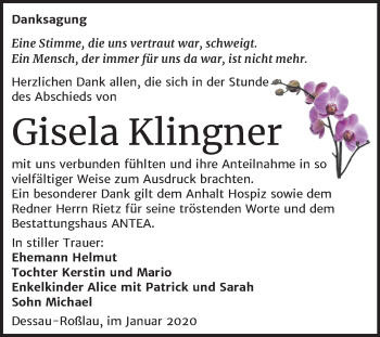 Traueranzeige von Gisela Klingner von Mitteldeutsche Zeitung Dessau-Roßlau