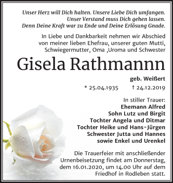 Traueranzeige von Gisela Rathmann von Super Sonntag Dessau-Roßlau / Wittenberg