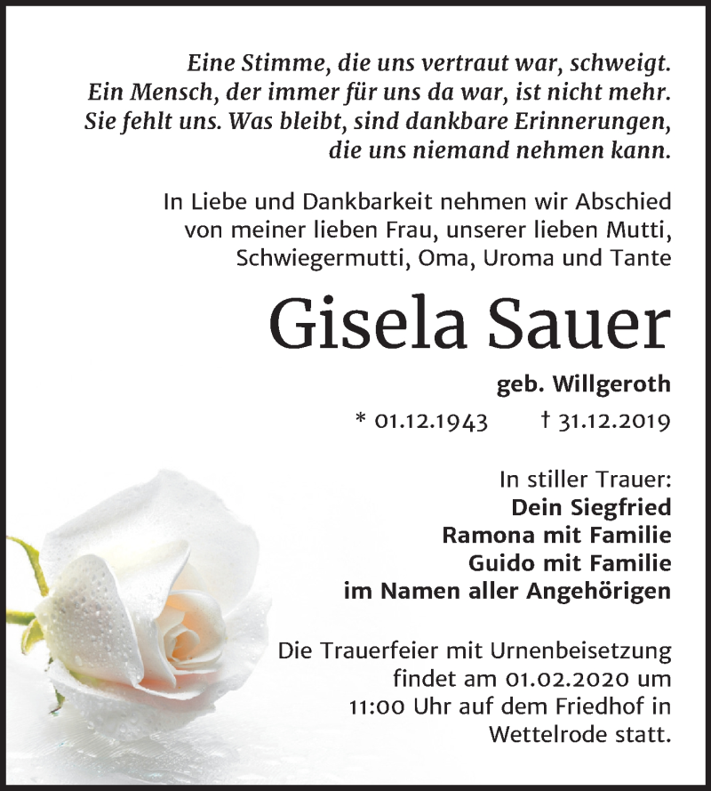  Traueranzeige für Gisela Sauer vom 18.01.2020 aus Mitteldeutsche Zeitung Sangerhausen