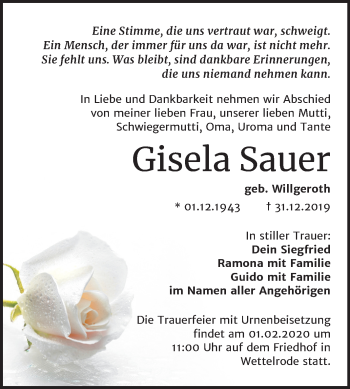 Traueranzeige von Gisela Sauer von Mitteldeutsche Zeitung Sangerhausen