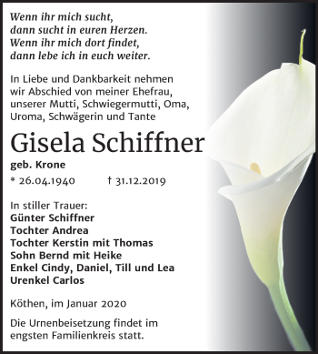 Traueranzeige von Gisela Schifft von Mitteldeutsche Zeitung Köthen