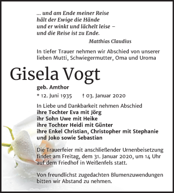 Traueranzeige von Gisela Vogt von Wochenspiegel Weißenfels