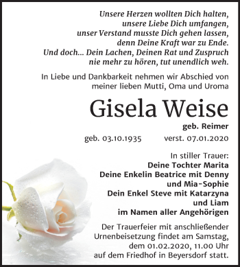 Traueranzeige von Gisela Weise von Mitteldeutsche Zeitung Bitterfeld