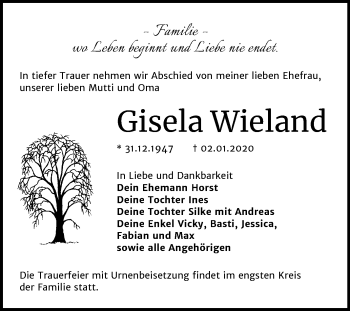 Traueranzeige von Gisela Wieland von Super Sonntag Wittenberg