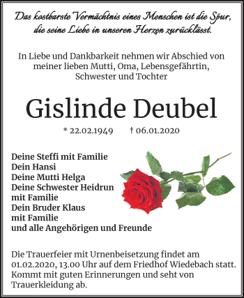 Traueranzeige von Gislinde Deubel von Mitteldeutsche Zeitung Weißenfels