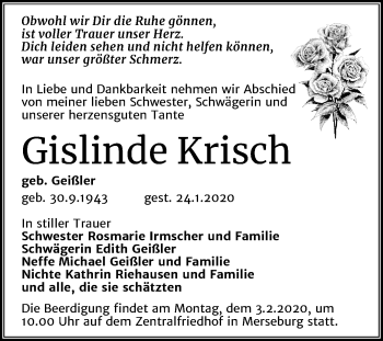 Traueranzeige von Gislinde Krisch von Mitteldeutsche Zeitung Merseburg/Querfurt