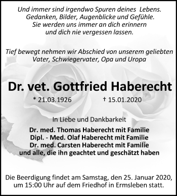 Traueranzeige von Gottfried Haberecht von Wochenspiegel Aschersleben / Quedlinburg