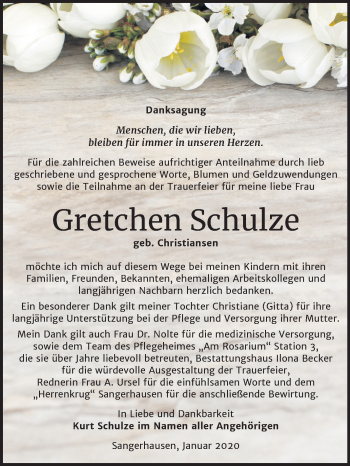 Traueranzeige von Gretchen Schulze von Mitteldeutsche Zeitung Sangerhausen