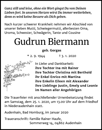 Traueranzeige von Gudrun Biermann von Mitteldeutsche Zeitung Halle/Saalkreis