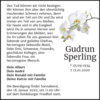Traueranzeige von Gudrun Sperling von Mitteldeutsche Zeitung Halle/Saalkreis