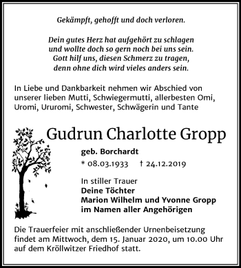 Traueranzeige von Gudrun Charlotte Gropp von Mitteldeutsche Zeitung Halle/Saalkreis