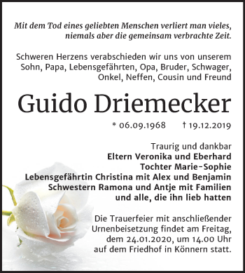 Traueranzeige von Guido Driemecker von Mitteldeutsche Zeitung Bernburg