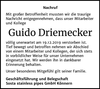 Traueranzeige von Guido Driemecker von Super Sonntag Bernburg