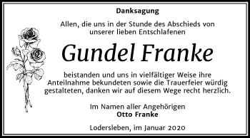 Traueranzeige von Gundel Franke von Super Sonntag Merseburg/Querfurt