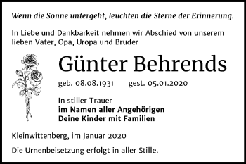 Traueranzeige von Günter Behrends von Super Sonntag Wittenberg