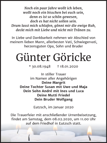 Traueranzeige von Günter Göricke von Mitteldeutsche Zeitung Wittenberg