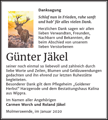 Traueranzeige von Günter Jäkel von Super Sonntag Mansfelder Land