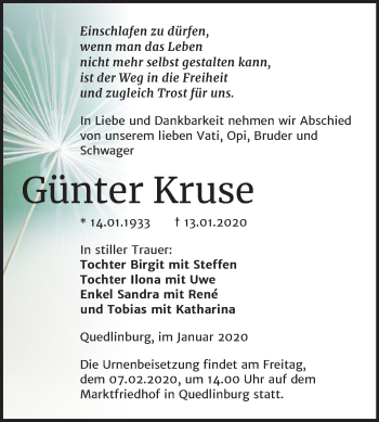 Traueranzeige von Günter Kruse von Super Sonntag Quedlinburg
