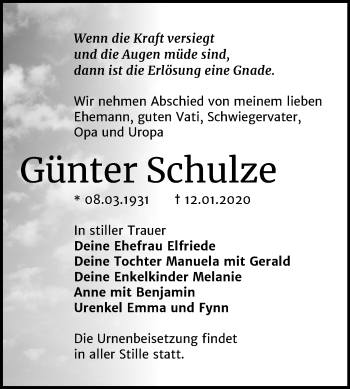 Traueranzeige von Günter Schulze von Mitteldeutsche Zeitung Wittenberg