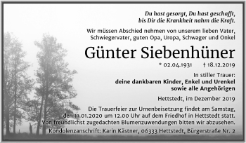 Traueranzeige von Günter Siebenhüner von Wochenspiegel Mansfelder Land