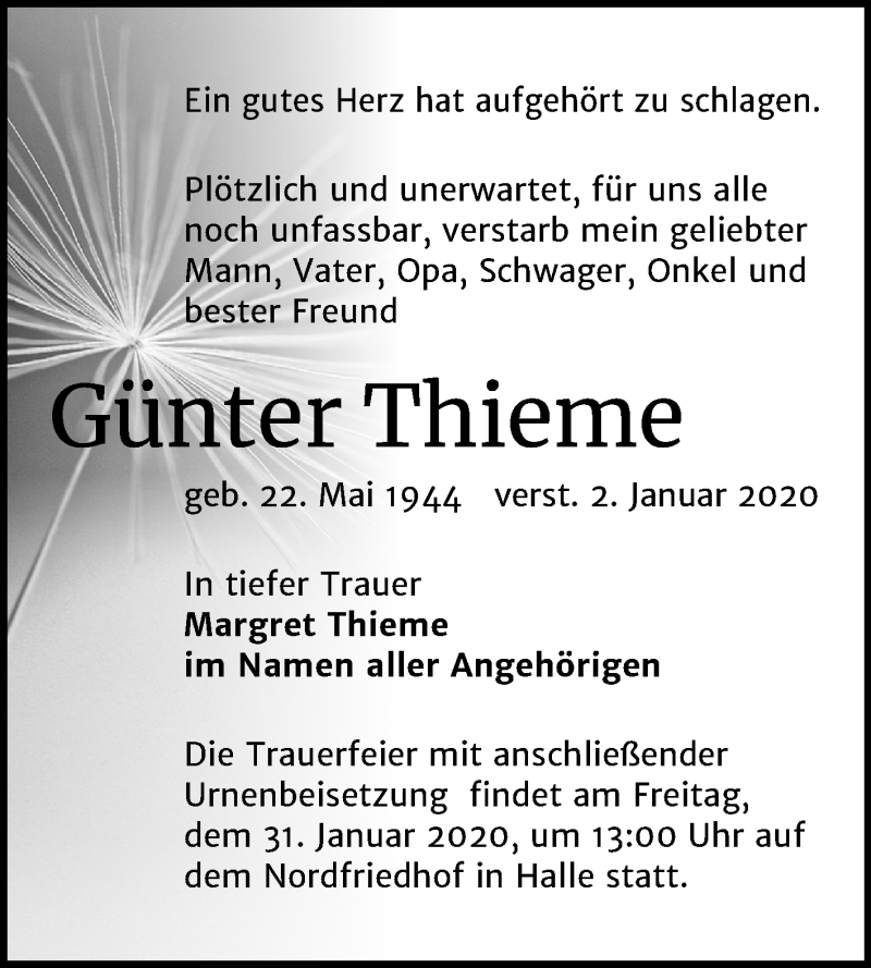  Traueranzeige für Günter Thieme vom 18.01.2020 aus Mitteldeutsche Zeitung Halle/Saalkreis