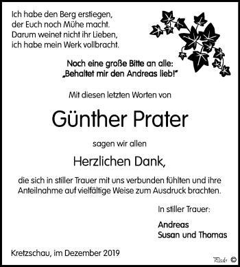Traueranzeige von Günther Prater von Super Sonntag Zeitz