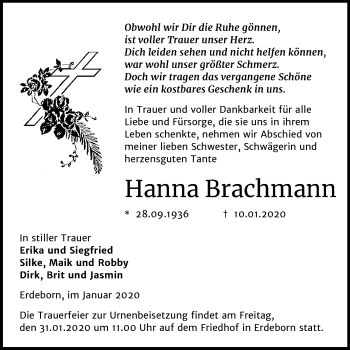 Traueranzeige von Hanna Brachmann von Mitteldeutsche Zeitung Mansfelder Land