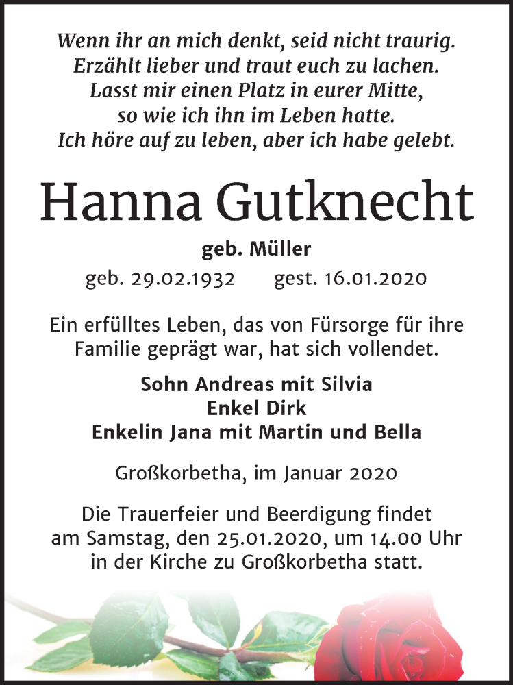  Traueranzeige für Hanna Gutknecht vom 21.01.2020 aus Mitteldeutsche Zeitung Weißenfels