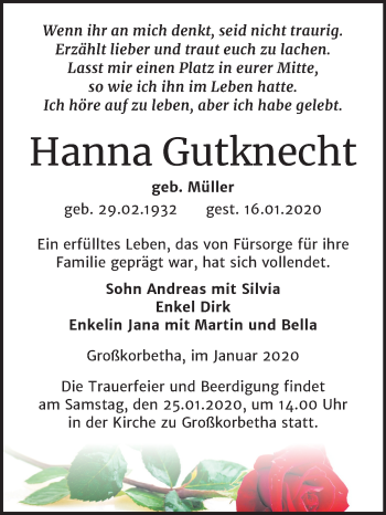 Traueranzeige von Hanna Gutknecht von Mitteldeutsche Zeitung Weißenfels