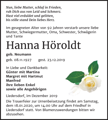Traueranzeige von Hanna Höroldt von Super Sonntag Sangerhausen