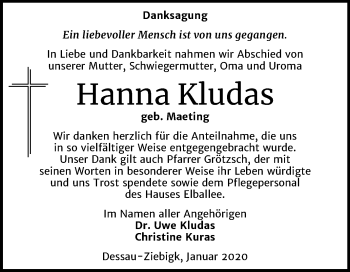Traueranzeige von Hanna Kludas von Super Sonntag Dessau-Roßlau