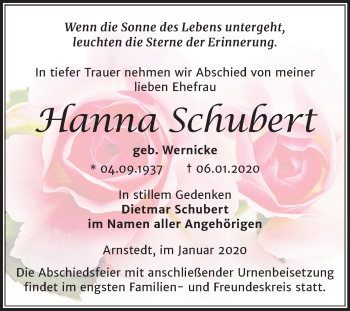 Traueranzeige von Hanna Schubert von Mitteldeutsche Zeitung Mansfelder Land