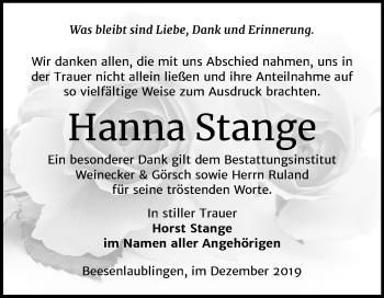 Traueranzeige von Hanna Stange von Mitteldeutsche Zeitung Bernburg