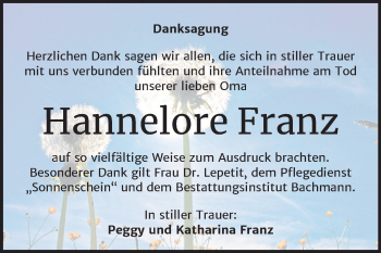 Traueranzeige von Hannelore Franz von Mitteldeutsche Zeitung Dessau-Roßlau