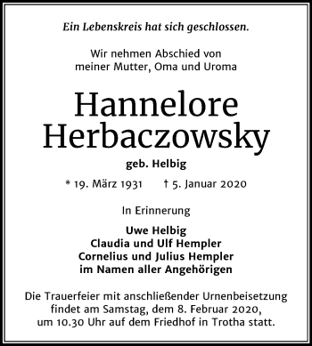 Traueranzeige von Hannelore Herbaczowsky von Mitteldeutsche Zeitung Halle/Saalkreis
