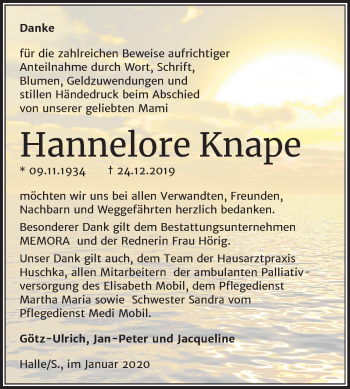 Traueranzeige von Hannelore Knape von Mitteldeutsche Zeitung Halle/Saalkreis
