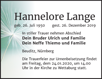 Traueranzeige von Hannelore Lange von Wochenspiegel Naumburg/Nebra