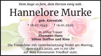 Traueranzeige von Hannelore Murke von Mitteldeutsche Zeitung Bernburg
