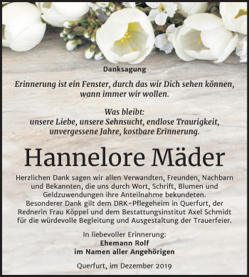 Traueranzeige von Hannelore Mäder von Mitteldeutsche Zeitung Merseburg/Querfurt