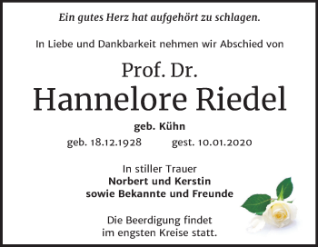 Traueranzeige von Hannelore Riedel von Mitteldeutsche Zeitung Halle/Saalkreis