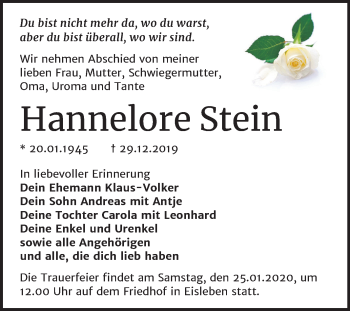 Traueranzeige von Hannelore Stein von Wochenspiegel Mansfelder Land