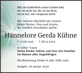 Traueranzeige von Hannelore Gerda Kühne von Wochenspiegel Bitterfeld