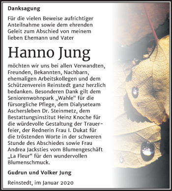 Traueranzeige von Hanno Jung von Mitteldeutsche Zeitung Aschersleben / Mansfelder Land / Quedlinburg
