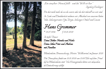 Traueranzeige von Hans Gremmer von Mitteldeutsche Zeitung Sangerhausen