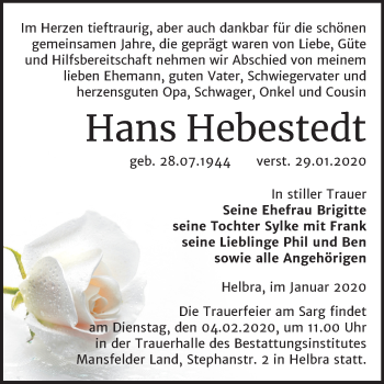 Traueranzeige von Hans Hebestedt von Mitteldeutsche Zeitung Mansfelder Land