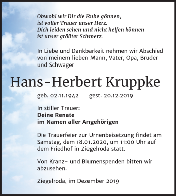 Traueranzeige von Hans-Herbert Kruppke von Wochenspiegel Merseburg/Querfurt