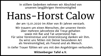 Traueranzeige von Hans-Horst Calow von Super Sonntag Wittenberg