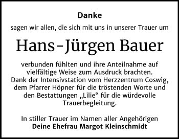 Traueranzeige von Hans-Jürgen Bauer von Super Sonntag Dessau-Roßlau