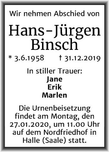 Traueranzeige von Hans-Jürgen Binsch von Mitteldeutsche Zeitung Halle/Saalkreis