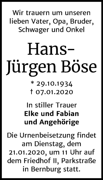Traueranzeige von Hans-Jürgen Böse von Mitteldeutsche Zeitung Bernburg